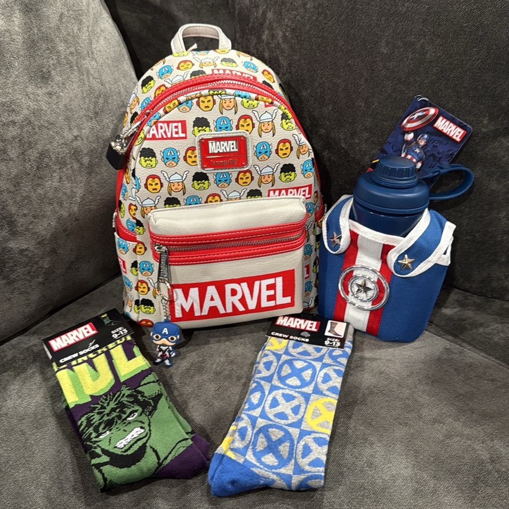 Loungefly Marvel Backpack, Captain America Canteen, and two sets of Marvel socks